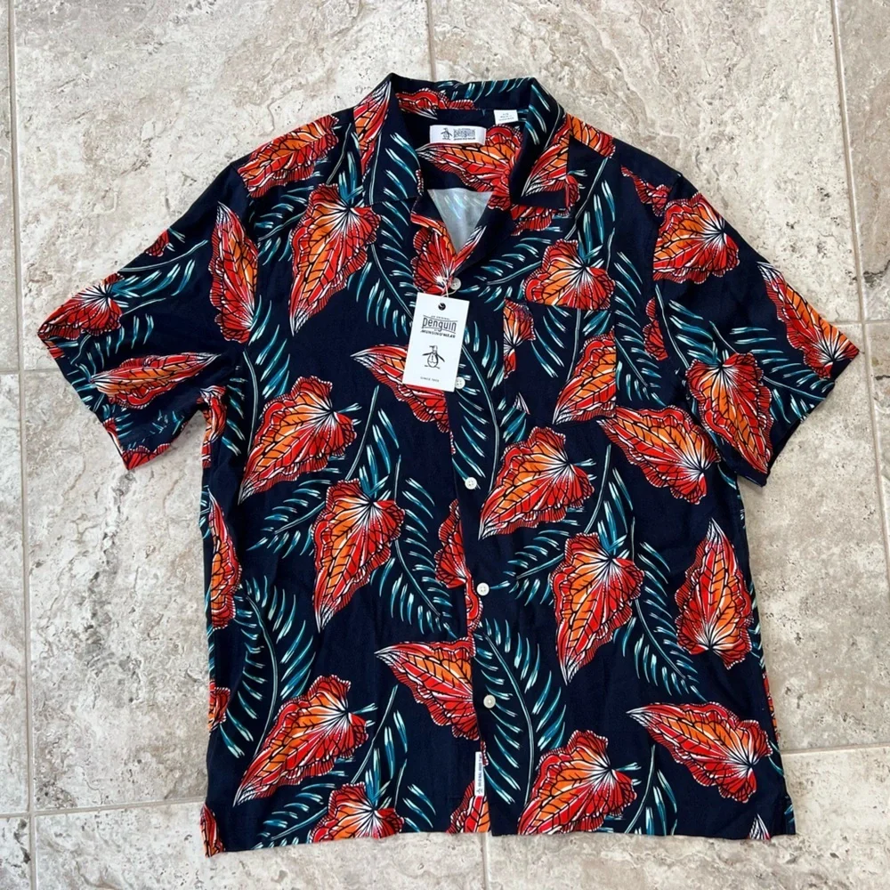 Original Penguin NWT Leaves Short Sleeve Button Down Slim Fit Camp Shirt, L - Picture 11 of 11